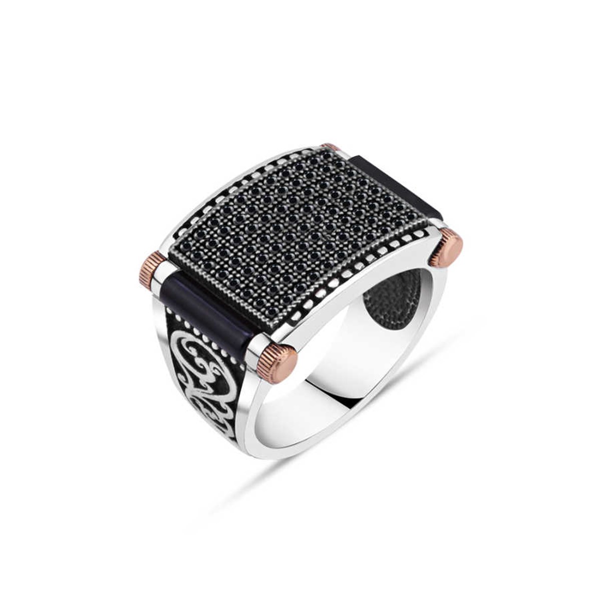 Silver Men's Ring with Black Zircon in the Middle and Onix Stone on the Sides