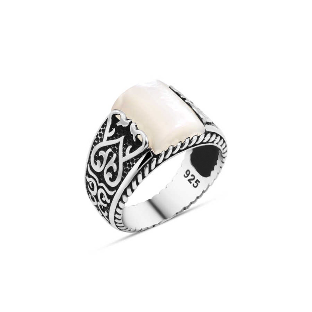 White Pearl Stone Sterling Silver Men's Ring