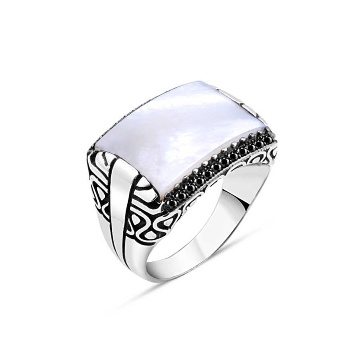 Mother of Pearl Stone Edges Tiny Black Zircon Stone Sterling Silver Men's Ring