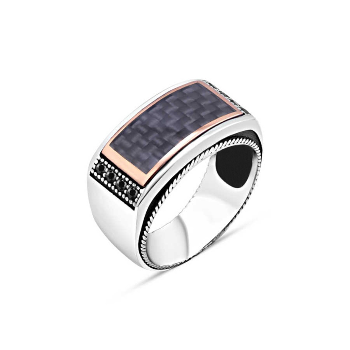 Silver Men's Ring with Tiny Black Zircon Stone on the Carbon Edge