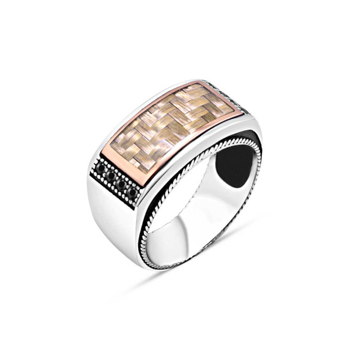 Silver Men's Ring with Black Tiny Zircon Stone on the Carbon Edge
