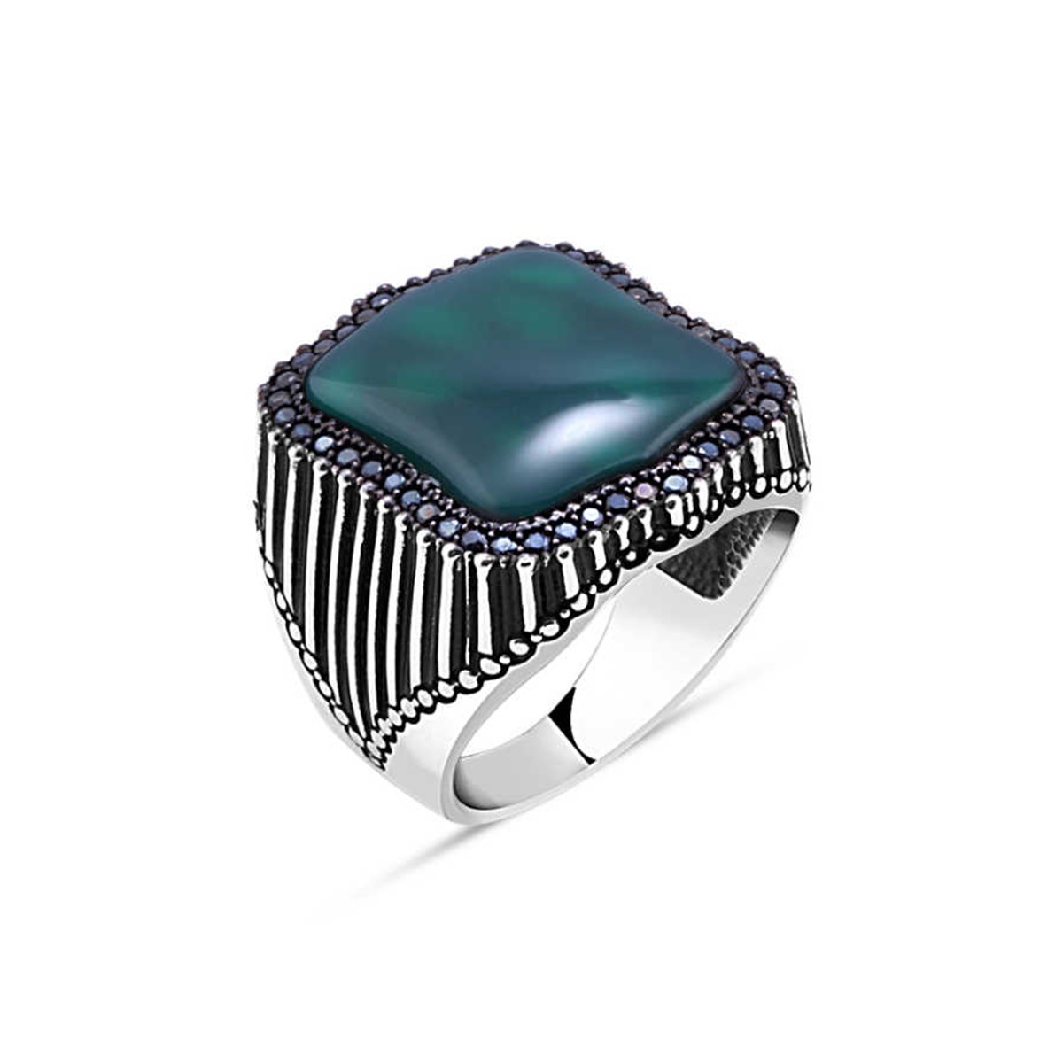 Sterling Silver Men's Ring with Tiny Black Zircon Stone on the Edge with Plain Green Agate Stone in the Middle
