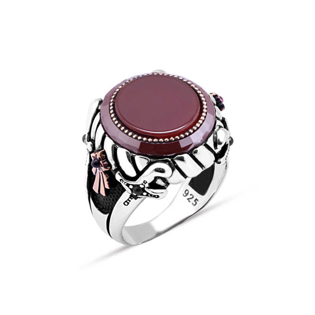 Flat Middle Agate Stone Edge Circle Stone Sterling Silver Men's Ring