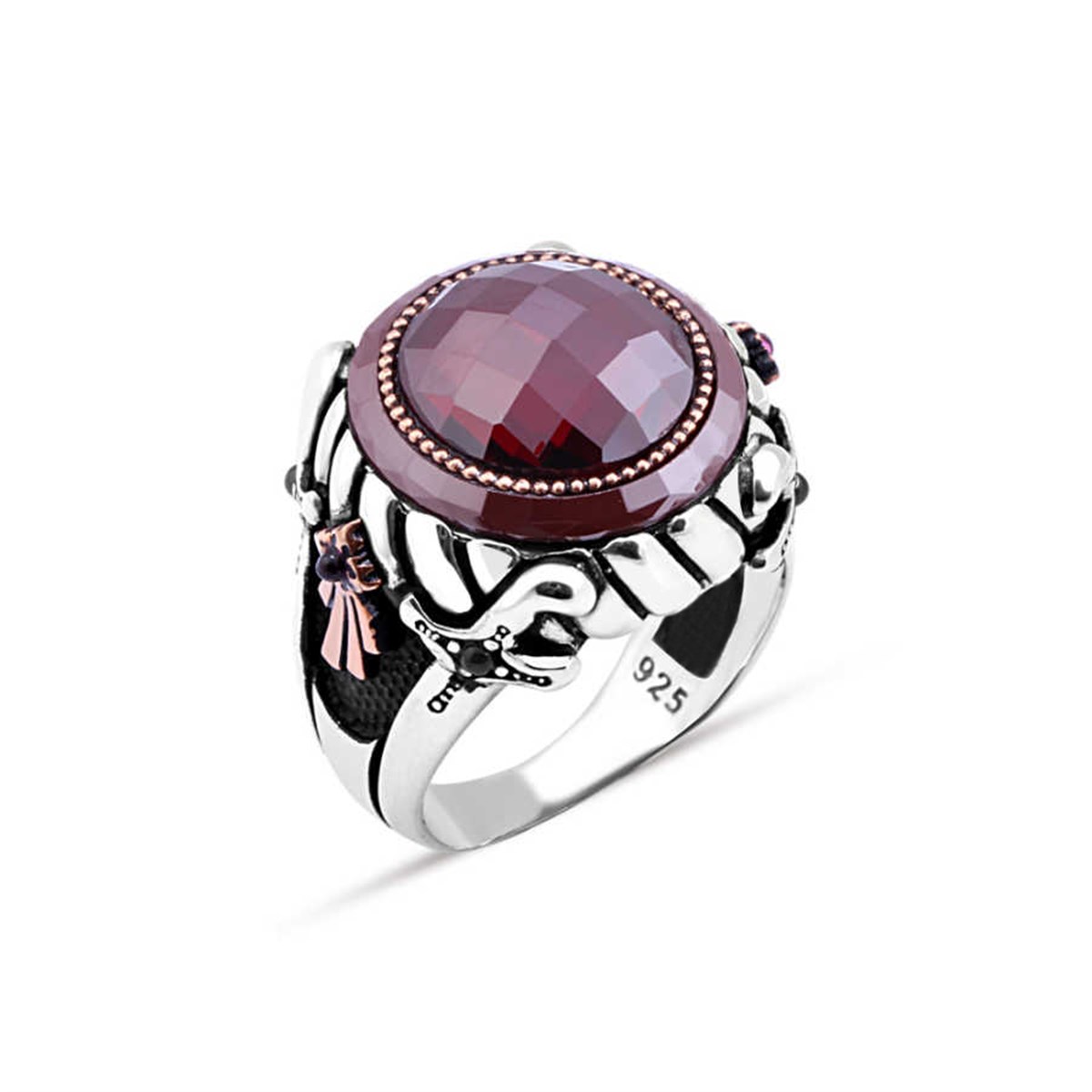 Sterling Silver Men's Ring with Red Zircon Stone and Circle Stone in the Middle