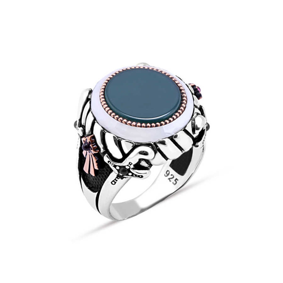 Sterling Silver Men's Ring with Green Agate Stone in the Middle and Circle Stone