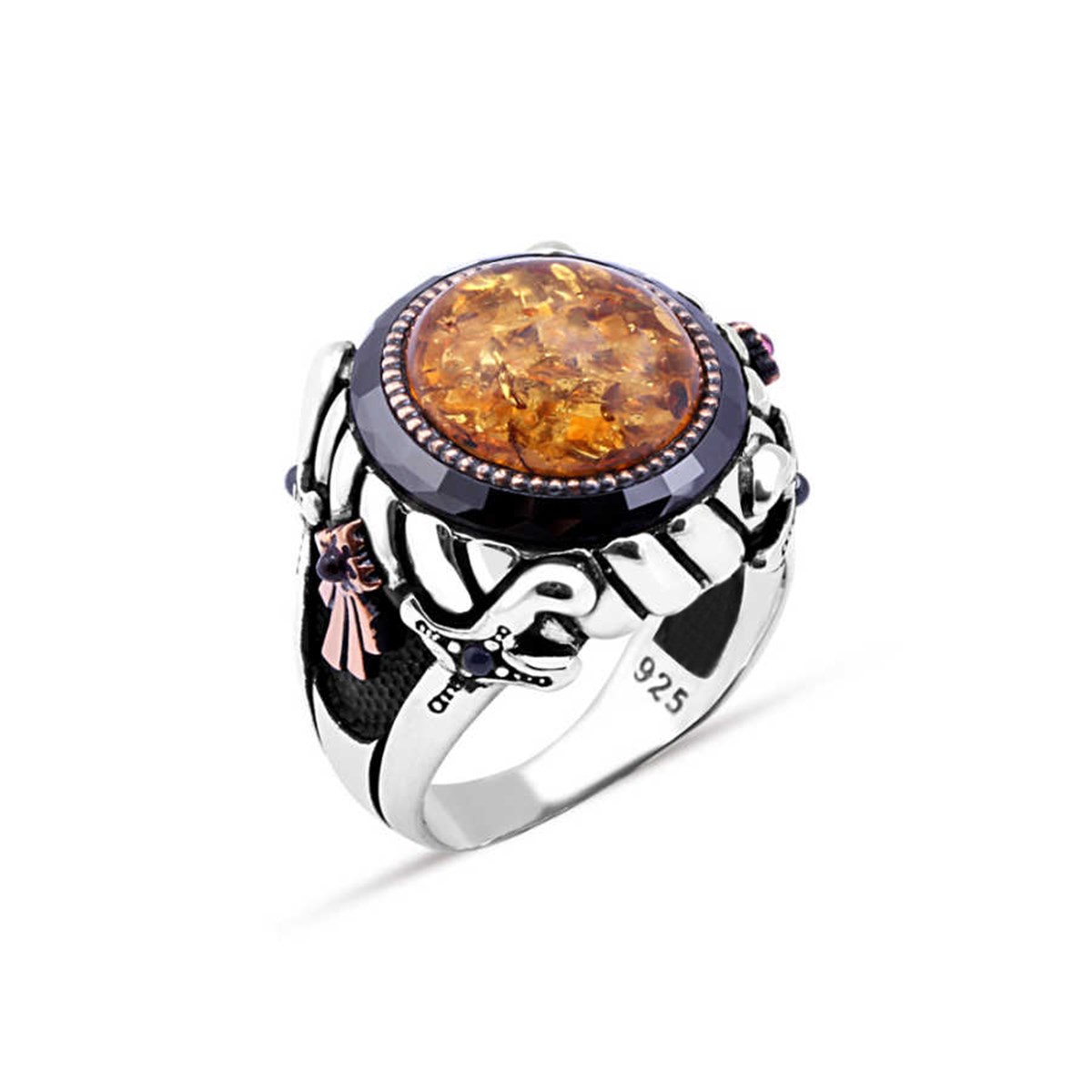 Sterling Silver Men's Ring with Synthetic Amber Edge Circle Stone in the Middle