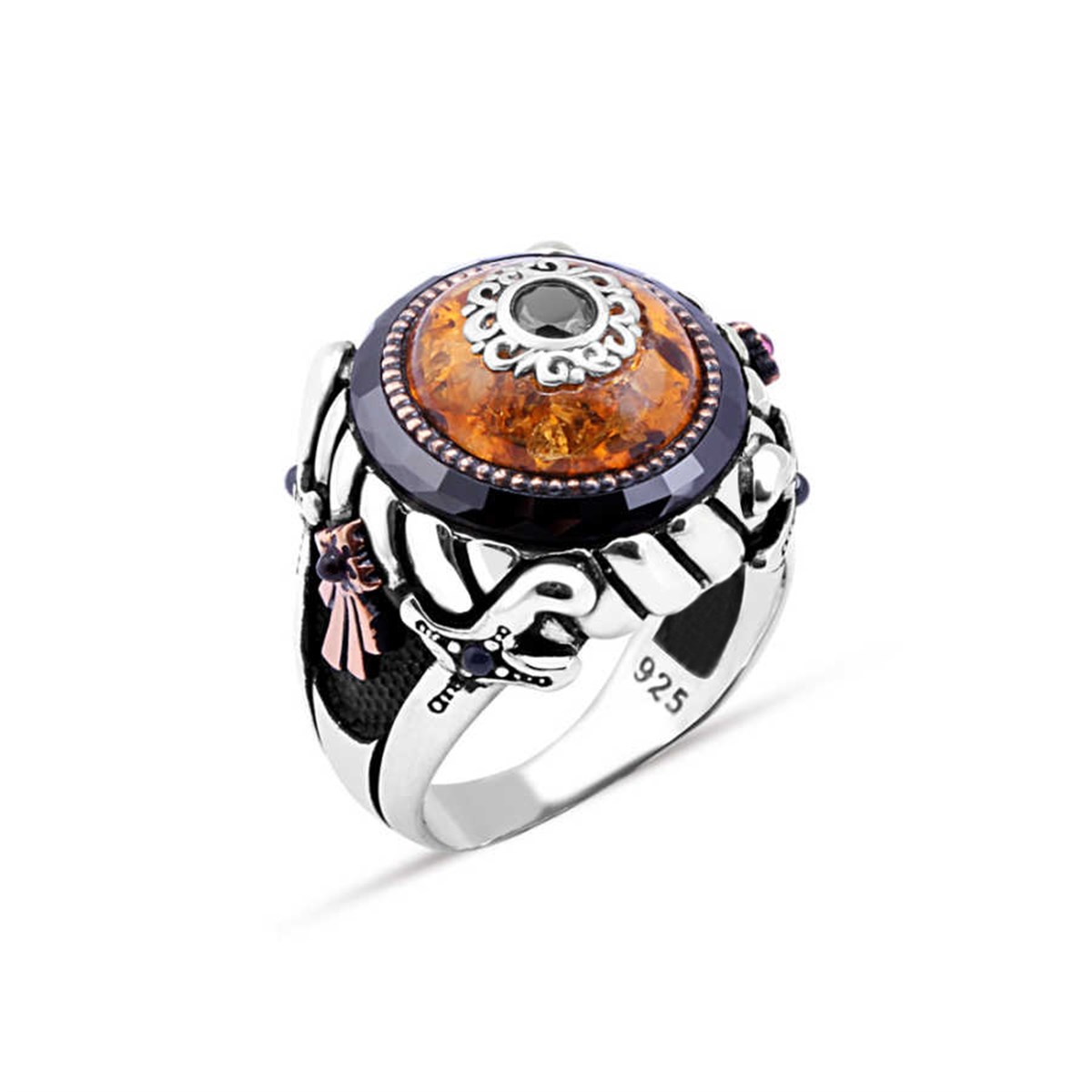 Sterling Silver Men's Ring with Synthetic Amber Stone in the Middle