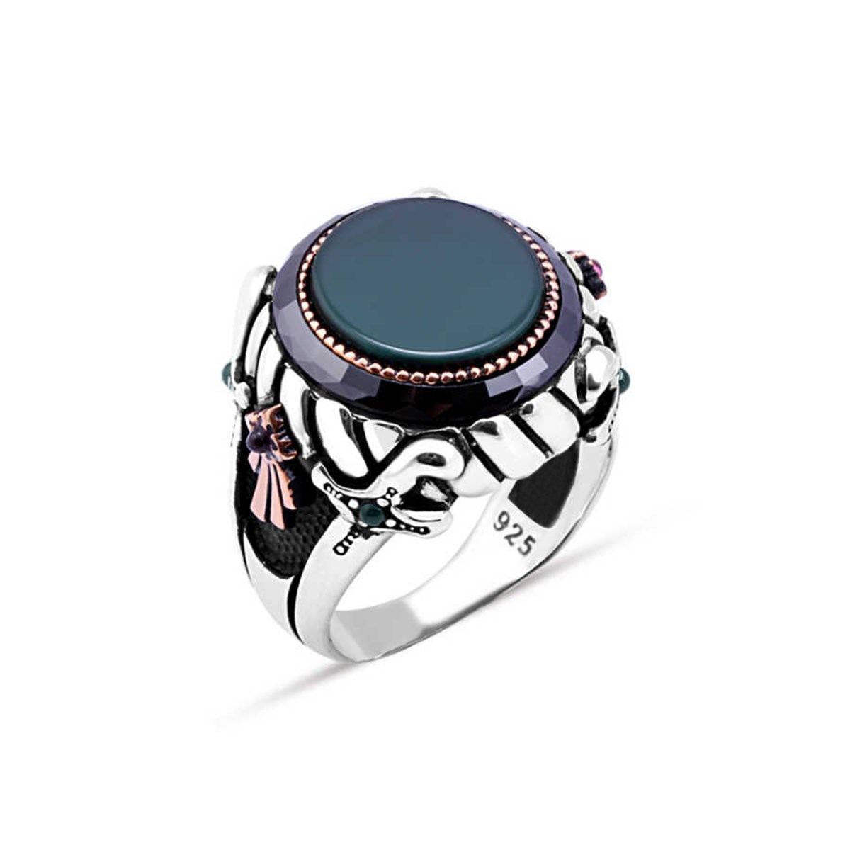 Sterling Silver Men's Ring with Green Agate Stone in the Middle and Circle Stone