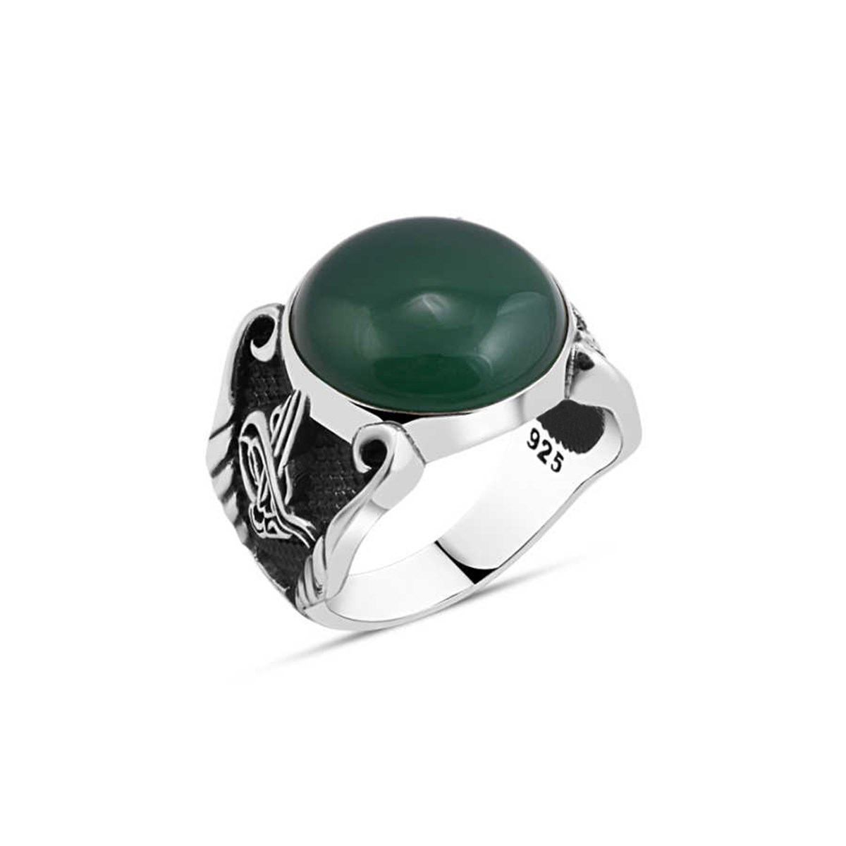 Hooded Green Agate Stone Sterling Silver Men's Ring