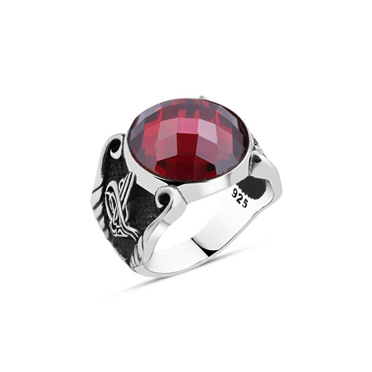 Cut Red Zircon Stone Sterling Silver Men's Ring