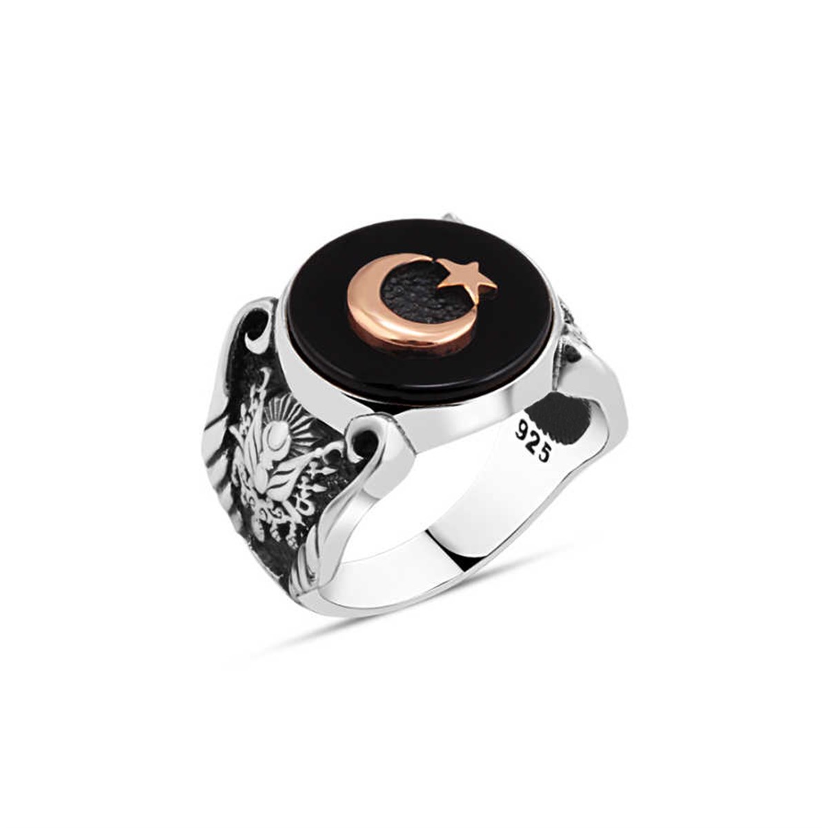 Star and Crescent on Onix Stone Sterling Silver Men's Ring