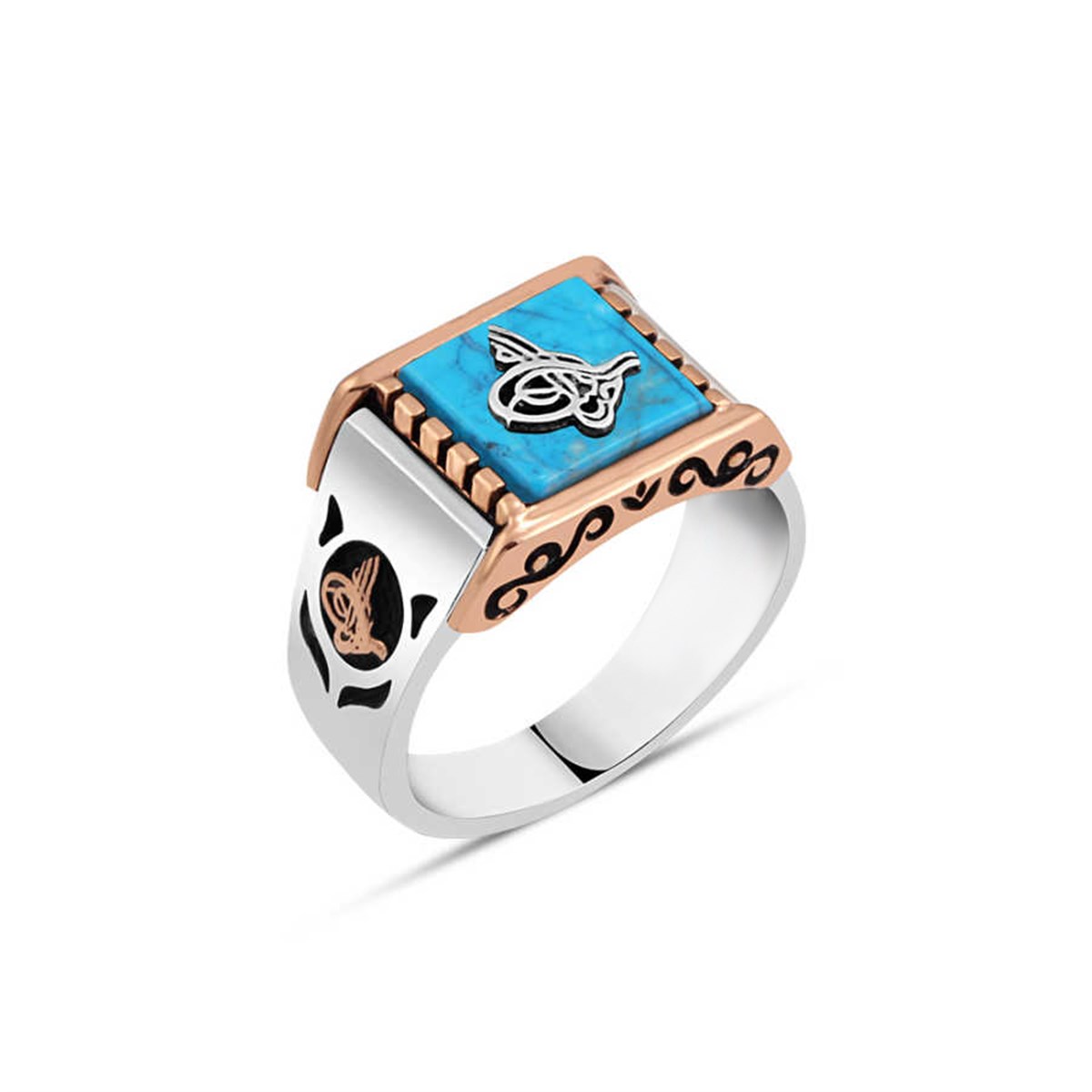 Squeezed Turquoise Stone and Tugra Men's Ring