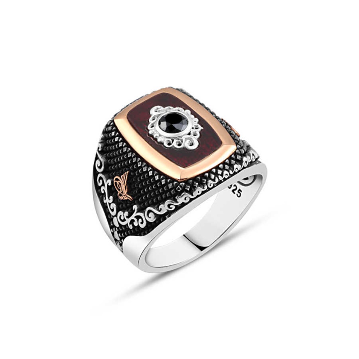 Sterling Silver Men's Ring with Synthetic Amber Stone and Zircon Stone in the Middle