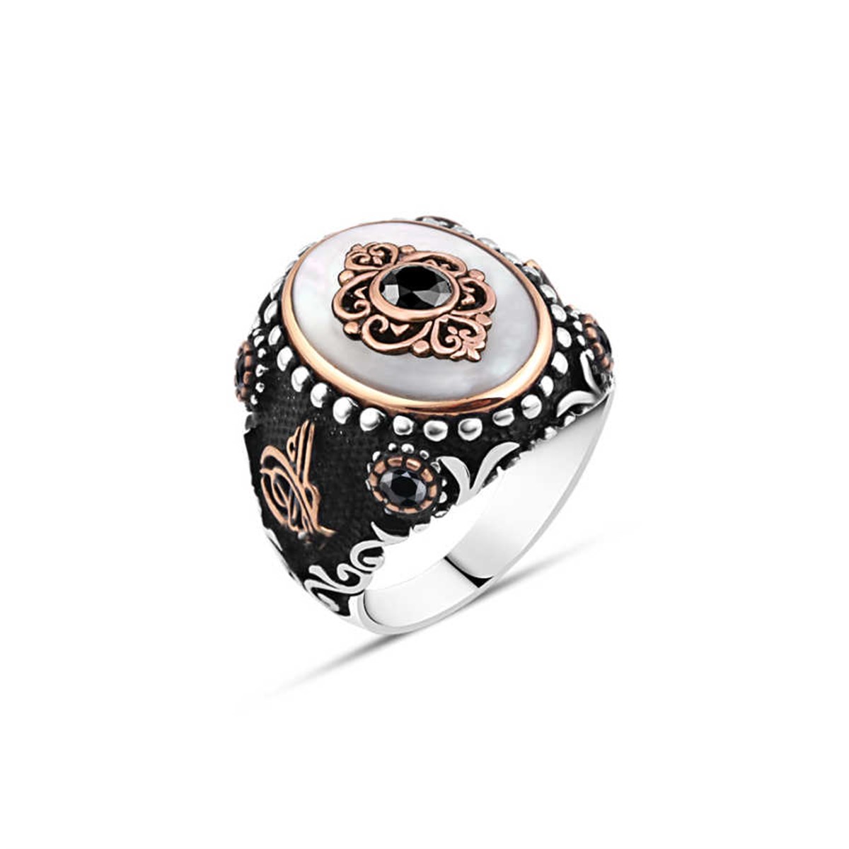 Mother-of-Pearl Stone Motif Sterling Silver Men's Ring with Zircon in the Middle