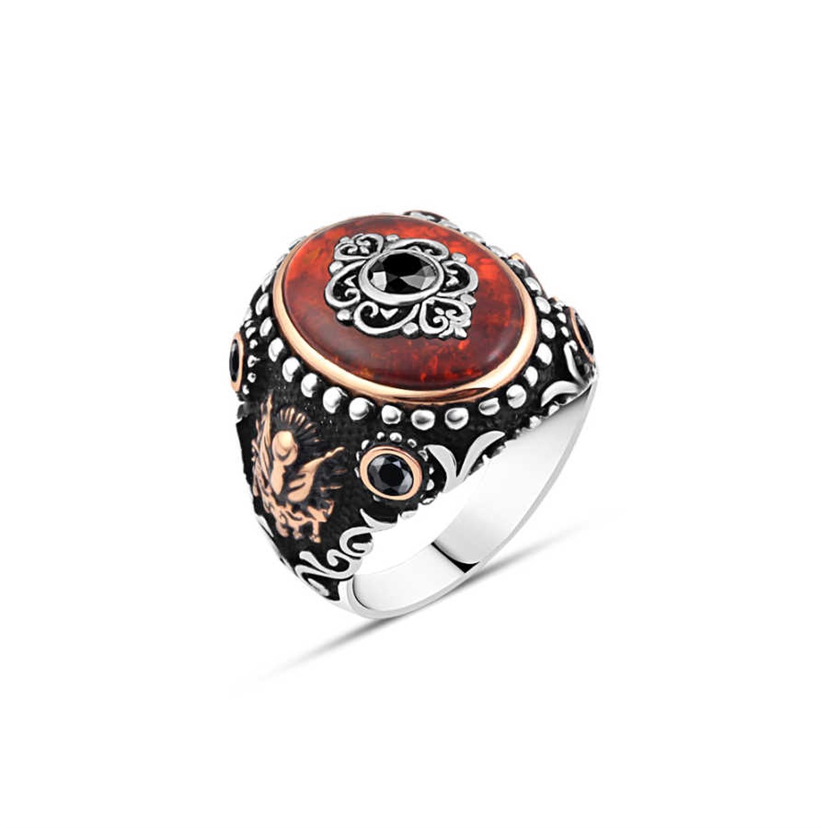 Synthetic Amber Middle Zircon Stone Motif Sterling Silver Men's Ring