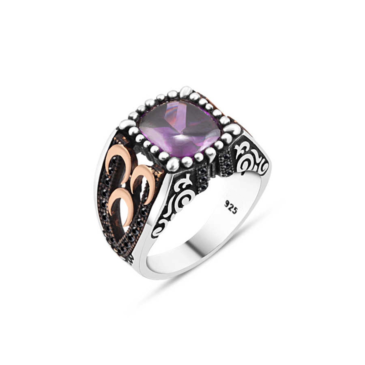 Three Crescent Silver Men's Ring with Amethyst Stone