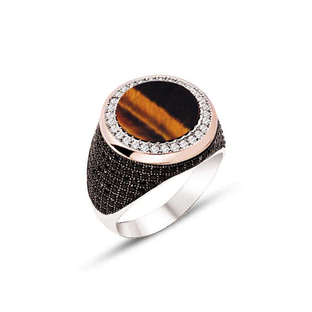 Silver Tiger Eye Stone Embroidered Men's Ring