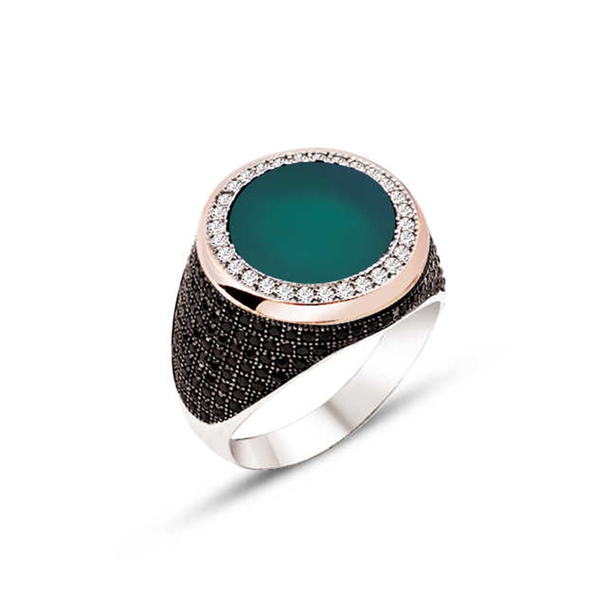 Silver Green Agate Stone Embroidered Men's Ring