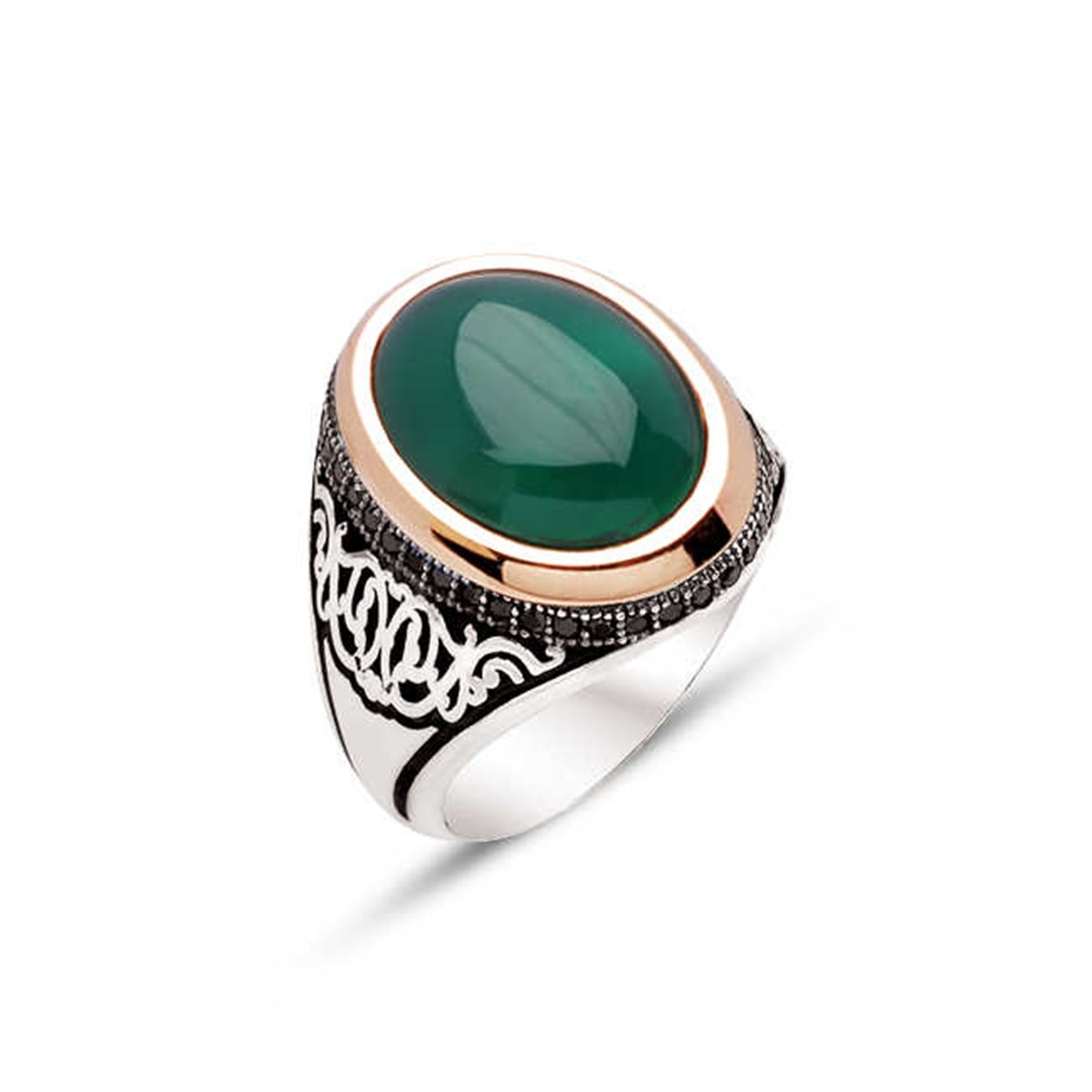 Silver Green Agate Hood Stone Men's Ring