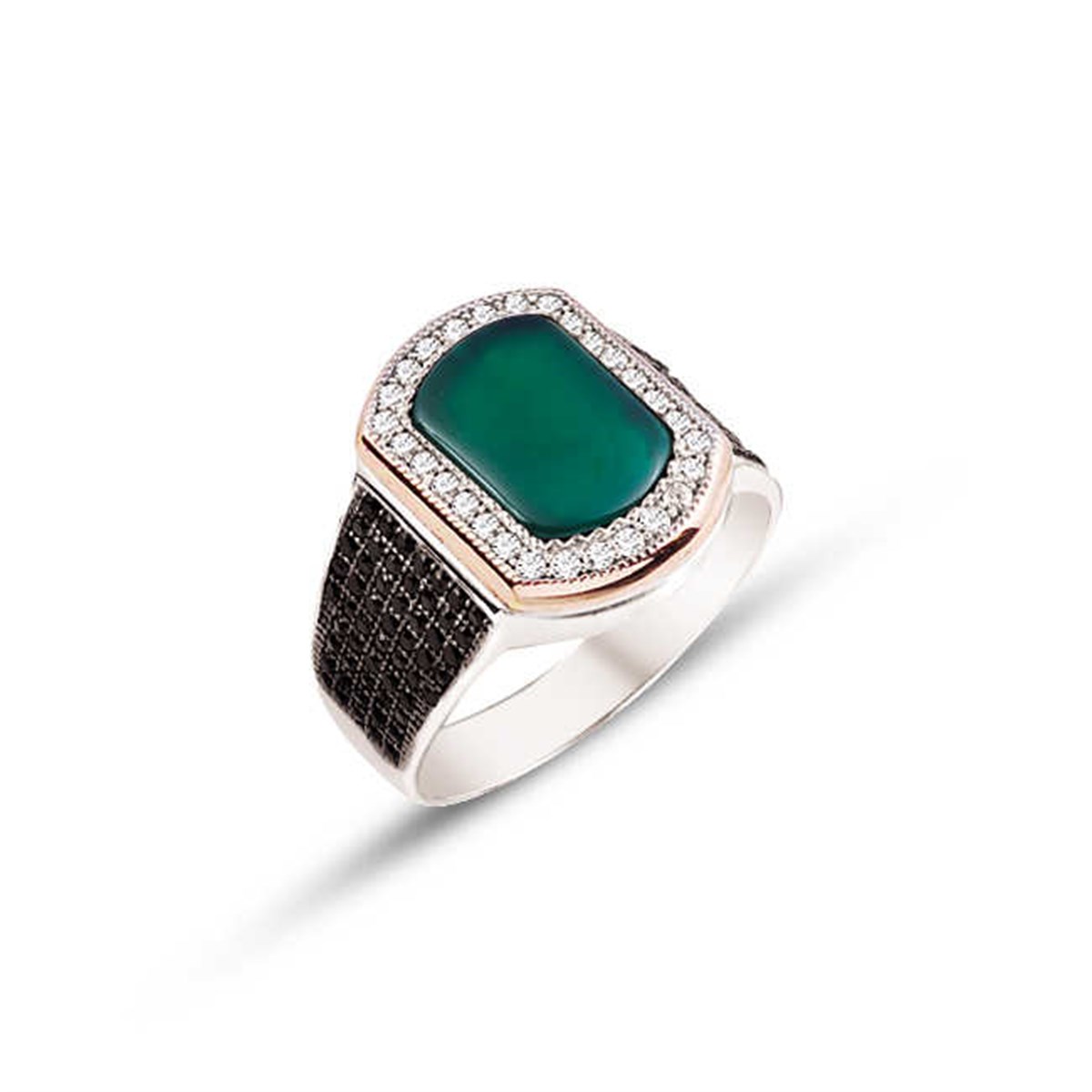 Silver Green Agate Stone Embellished Men's Ring