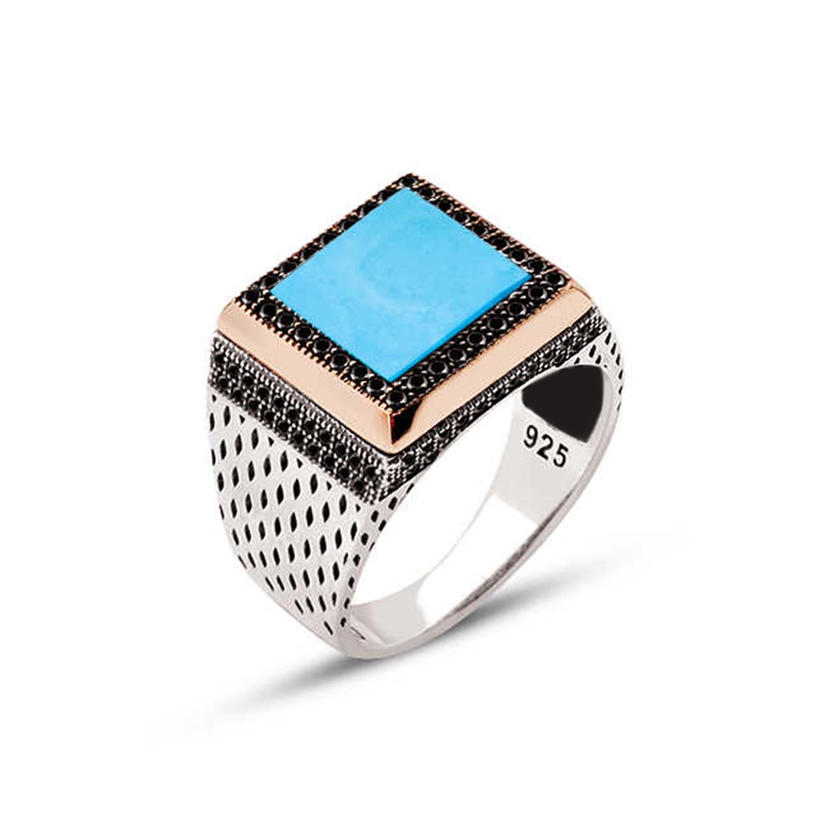 Sterling Silver Turquoise Stone Embellished Square Model Men's Ring