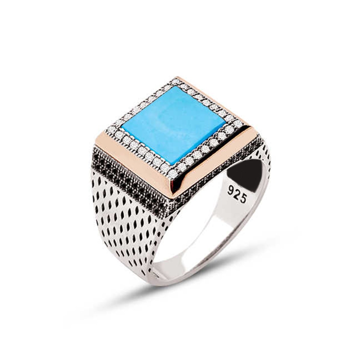 Sterling Silver Turquoise Stone Embellished Square Model Men's Ring