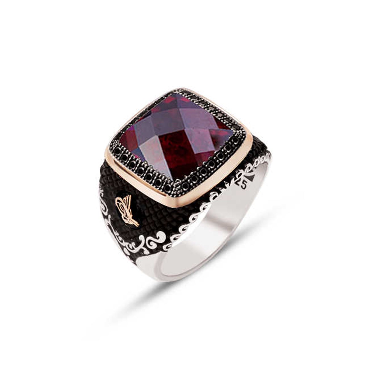 Silver Red Facet Stone Embroidered Men's Ring