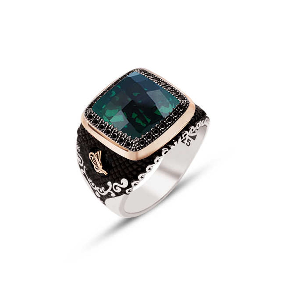 Silver Green Facet Stone Embroidered Men's Ring