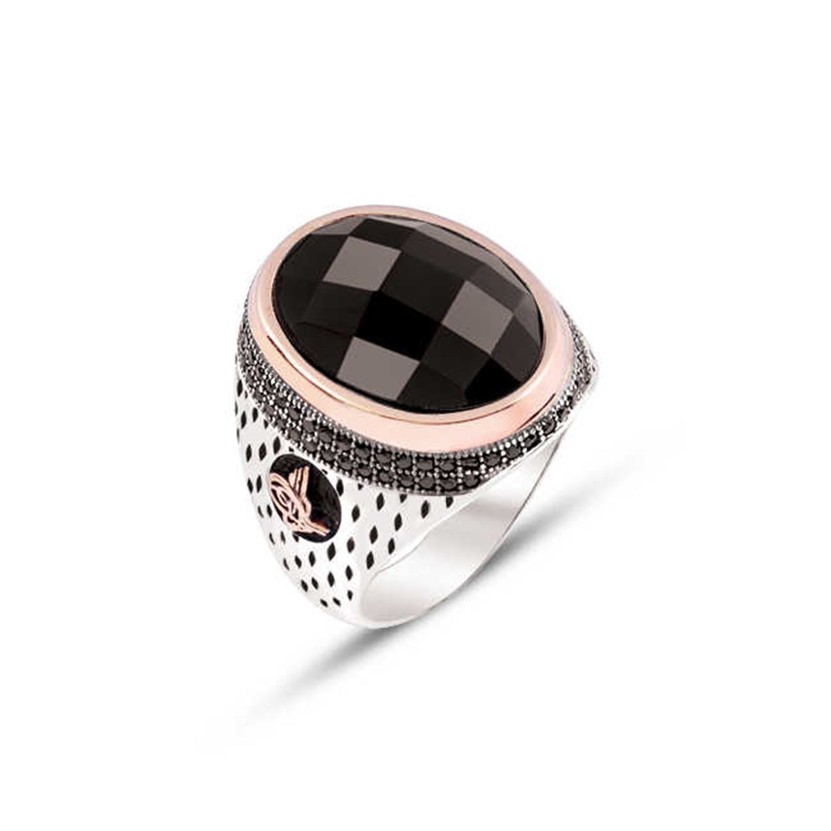 Silver Black Facet Stone Embroidered Men's Ring