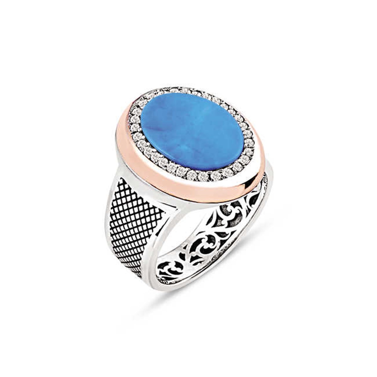 Sterling Silver Turquoise Stone Circumference Zircon Decorated Men's Ring