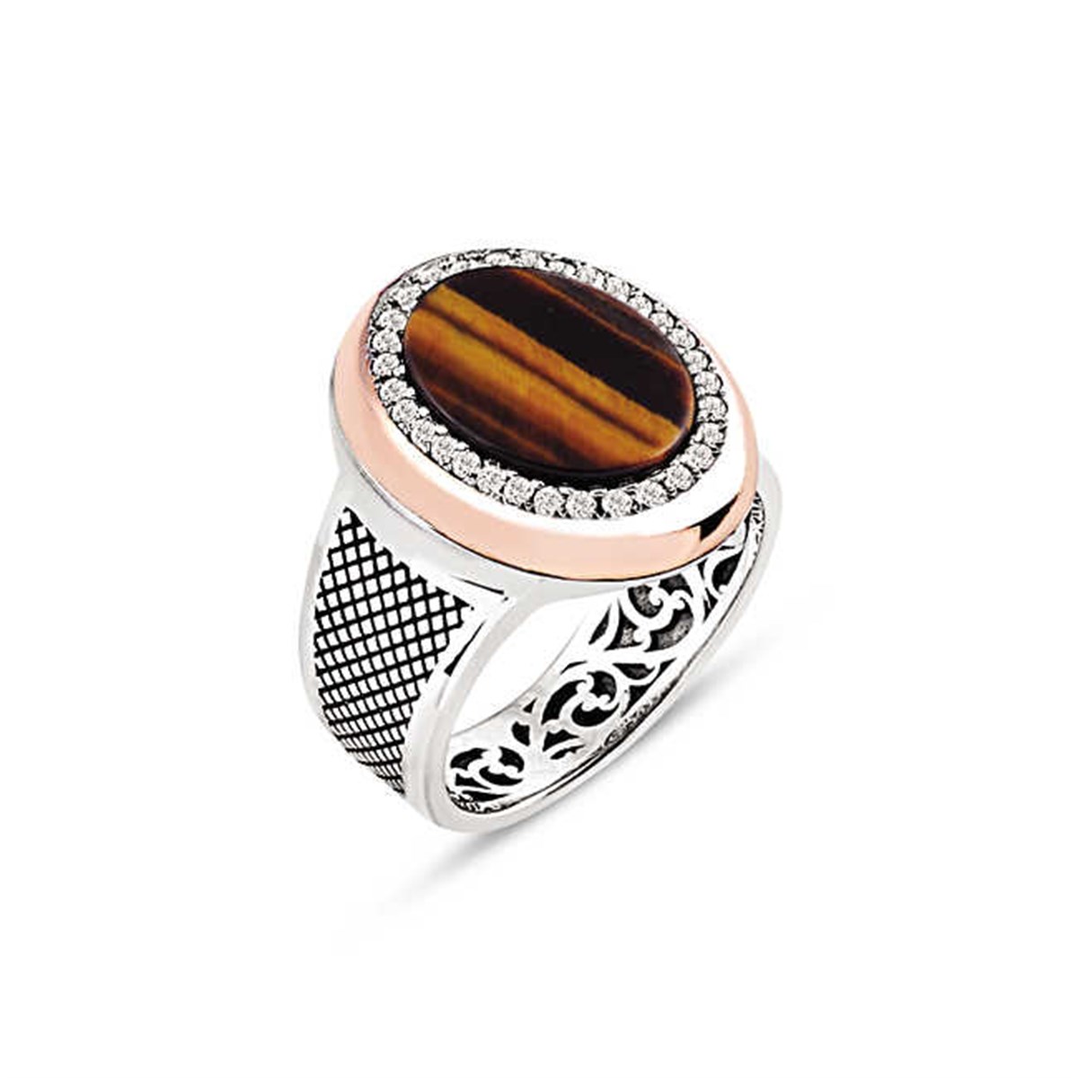 Sterling Silver Tiger Eye Stone Men's Ring With Zircon Decoration