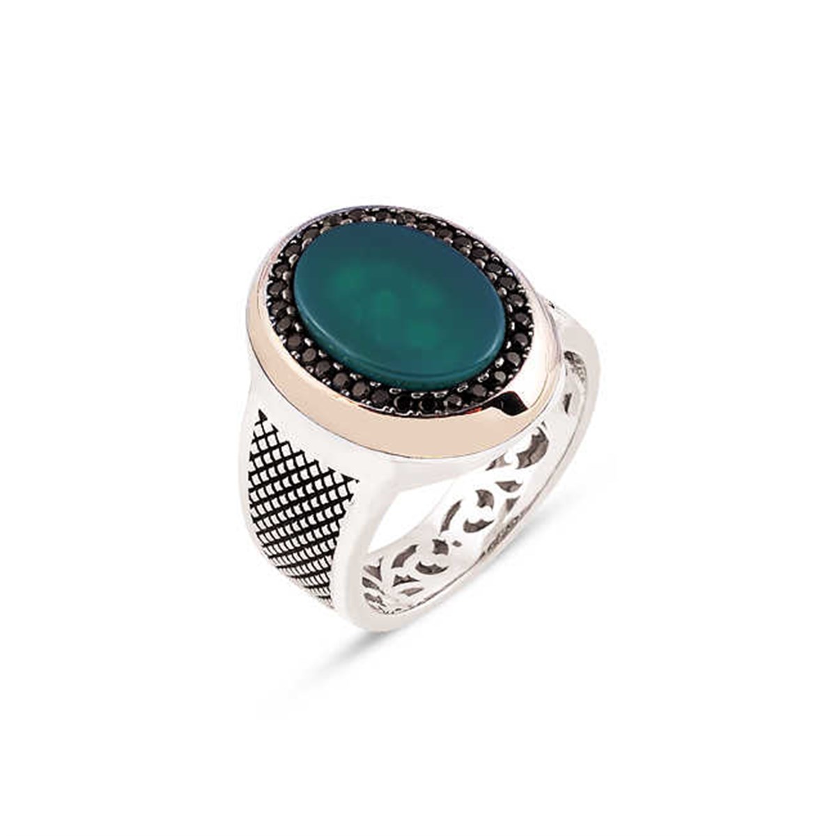 Silver Green Agate Stone Men's Ring With Zircon Embellishment