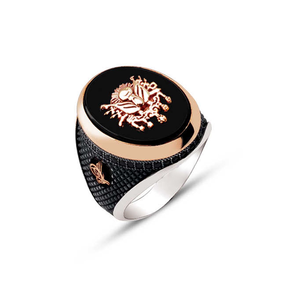 Silver Black Onix Stone Embroidered Men's Ring