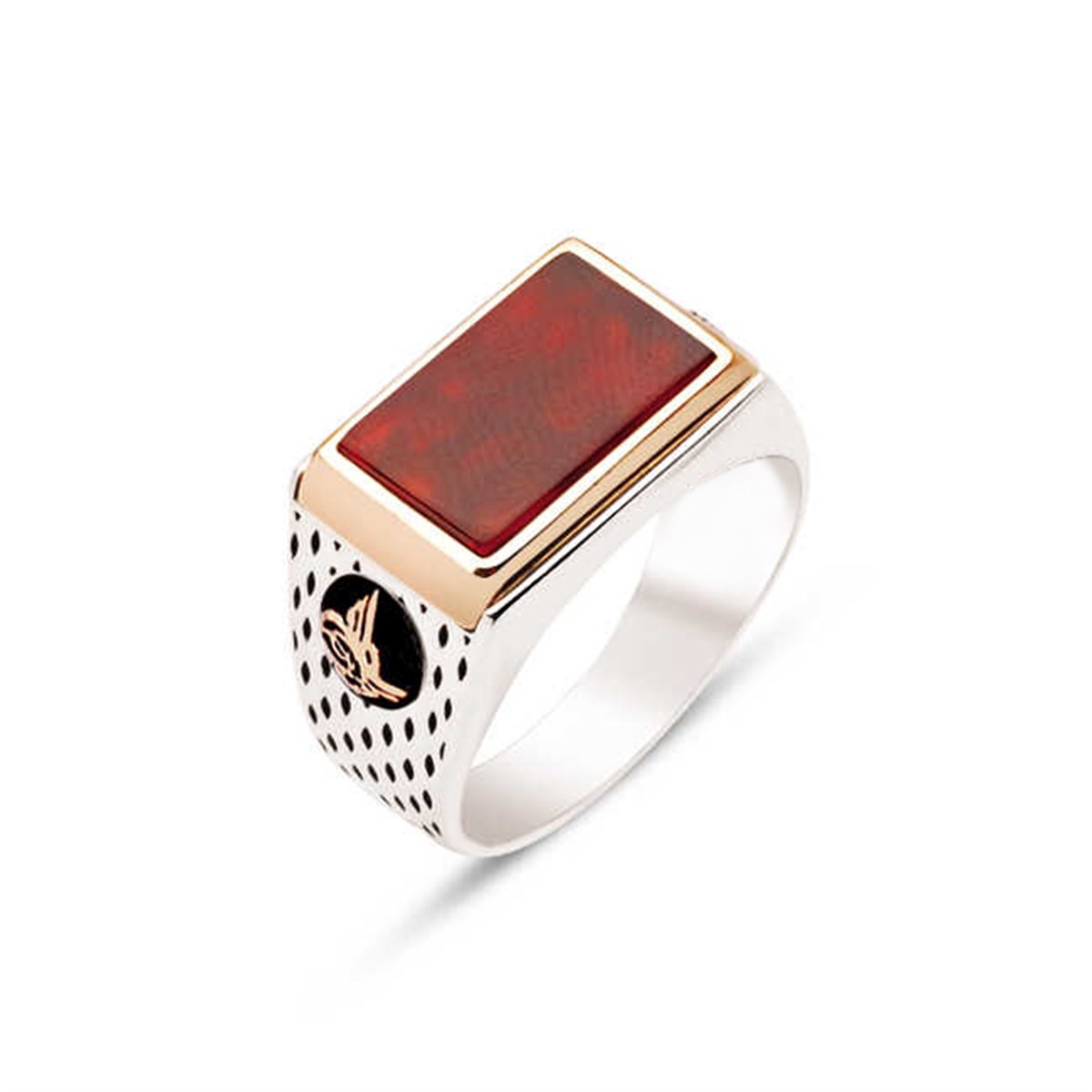 Silver Agate Stone Side Tugra Dotted Case Men's Ring