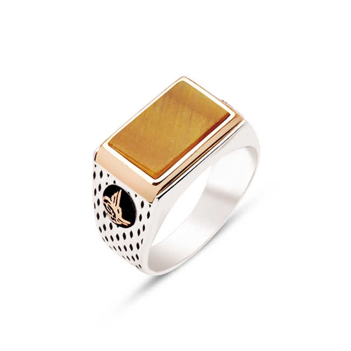 Silver Tiger Eye Stone Tugra Dotted Case Men's Ring