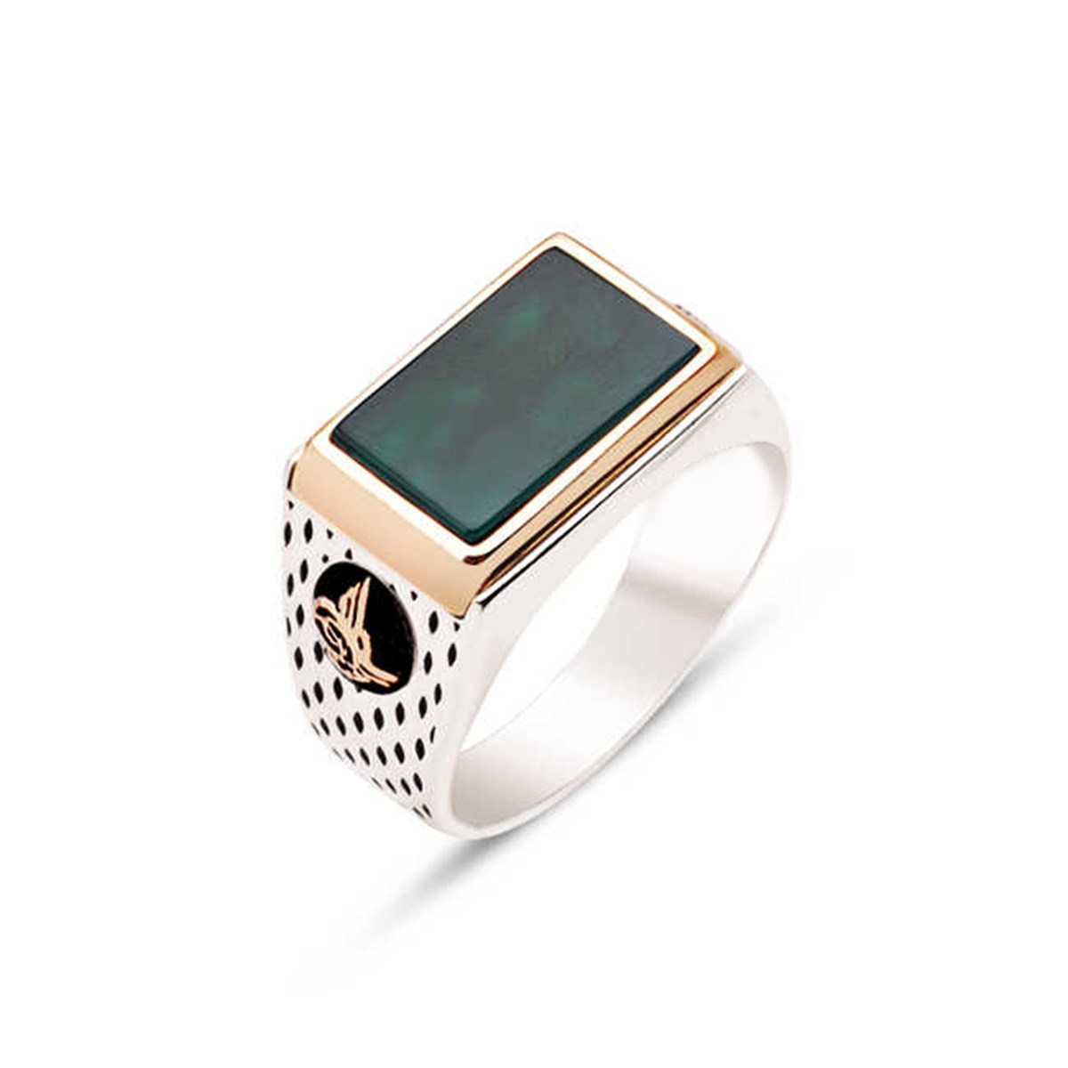 Silver Green Agate Stone Tugra Dotted Case Men's Ring
