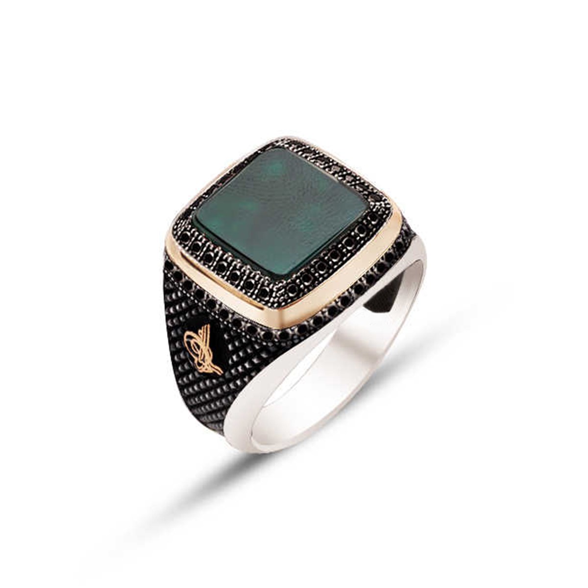 Silver Green Agate Stone Side Black Zircon Decorated Men's Ring
