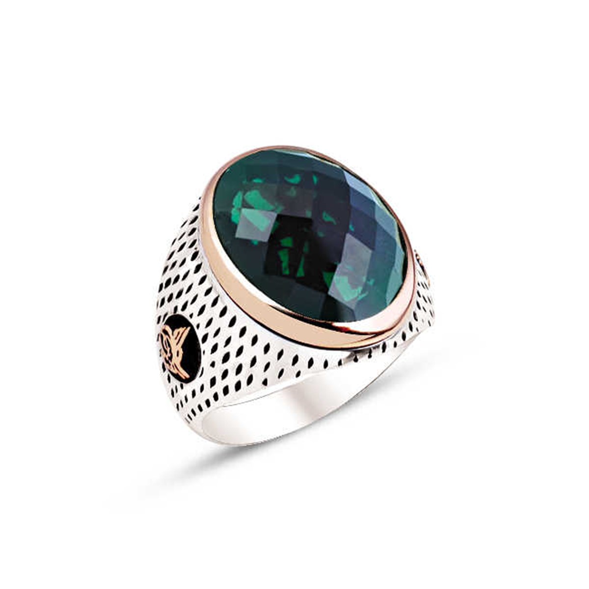 Silver Green Facet Stone Dot Cased Men's Ring