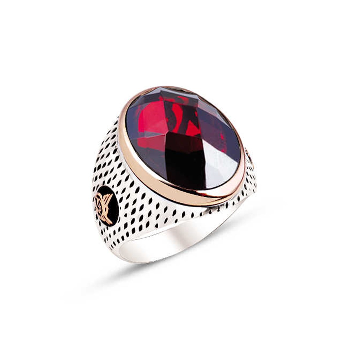Silver Red Facet Stone Dot Cased Men's Ring