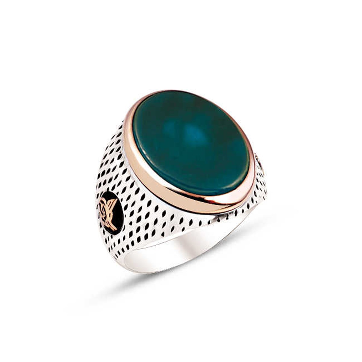 Silver Green Agate Stone Dot Cased Men's Ring