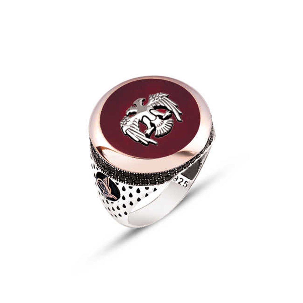Silver Agate Stone and Seljuk Eagle Embroidered Men's Ring