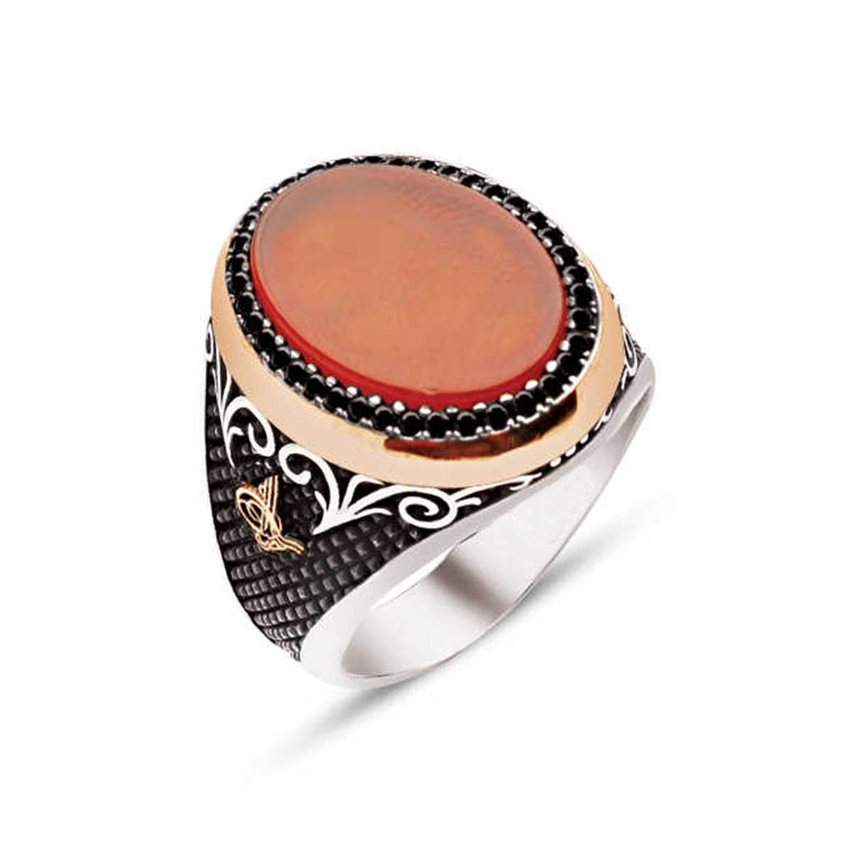 Silver Agate Stone Zircon Embellished Men's Ring With Tugra Embroidered Sides