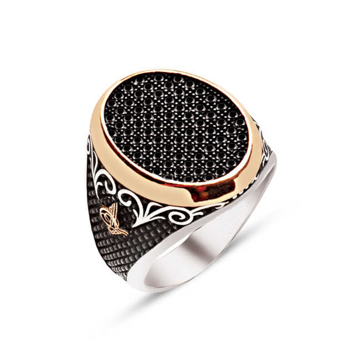 Silver Black Zircon Stone Side Tugra Embroidered Men's Ring