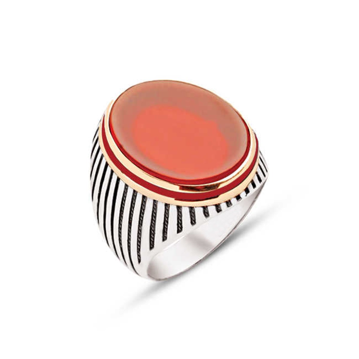 Silver Agate Stone Side Enamel Decorated Striped Case Men's Ring