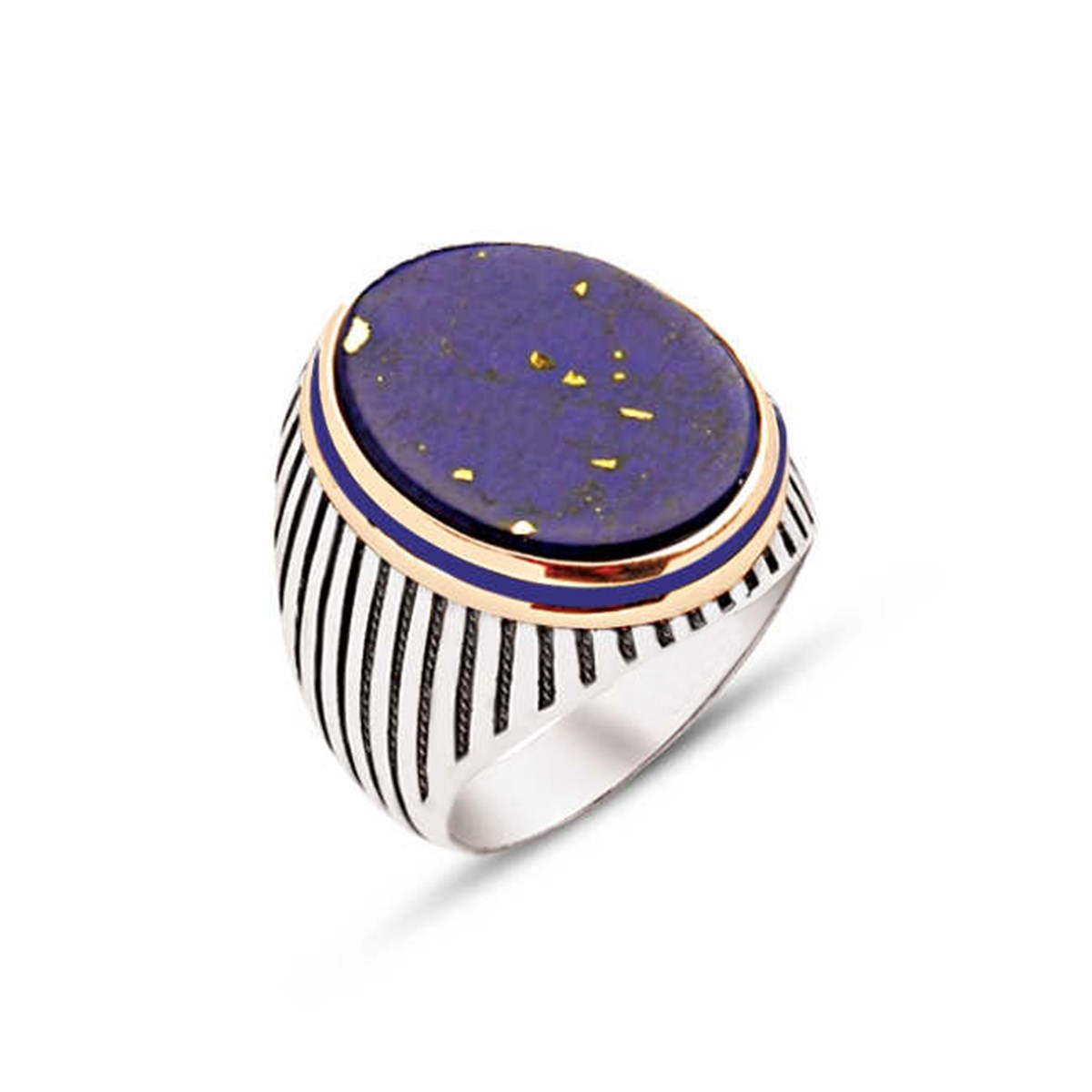 Silver Lapis Stone Side Enamel Decorated Striped Case Men's Ring