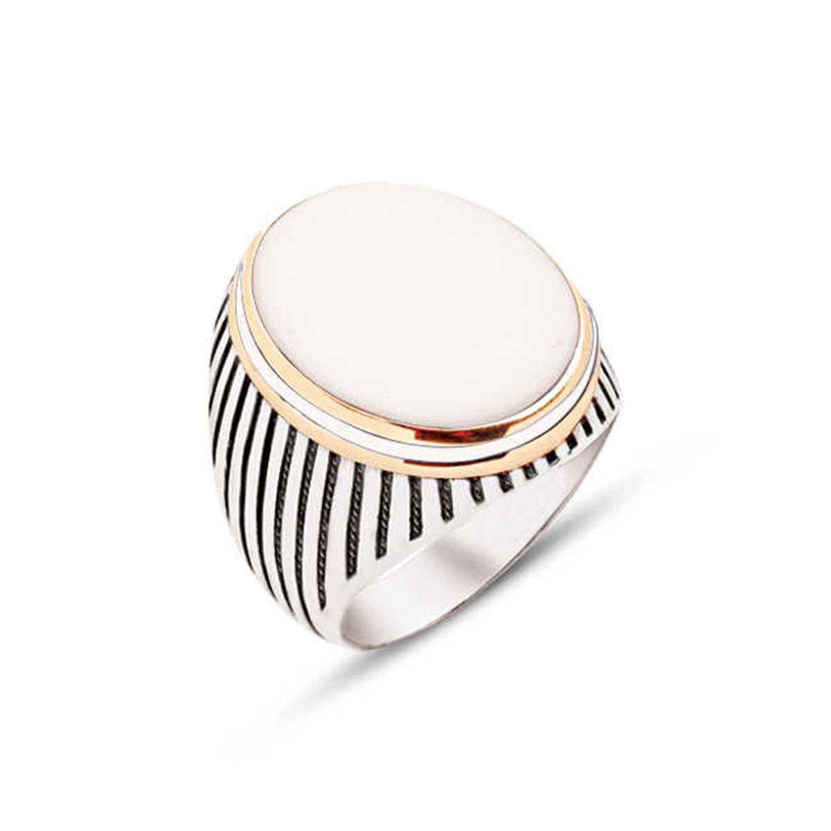 Silver White Onix Stone Side Enamel Decorated Striped Case Men's Ring