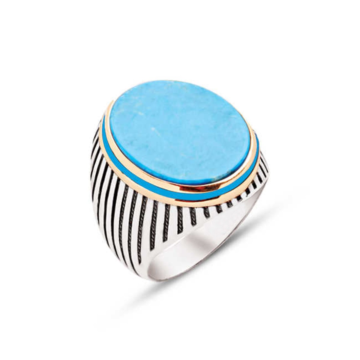 Silver Turquoise Stone Side Enamel Decorated Striped Case Men's Ring