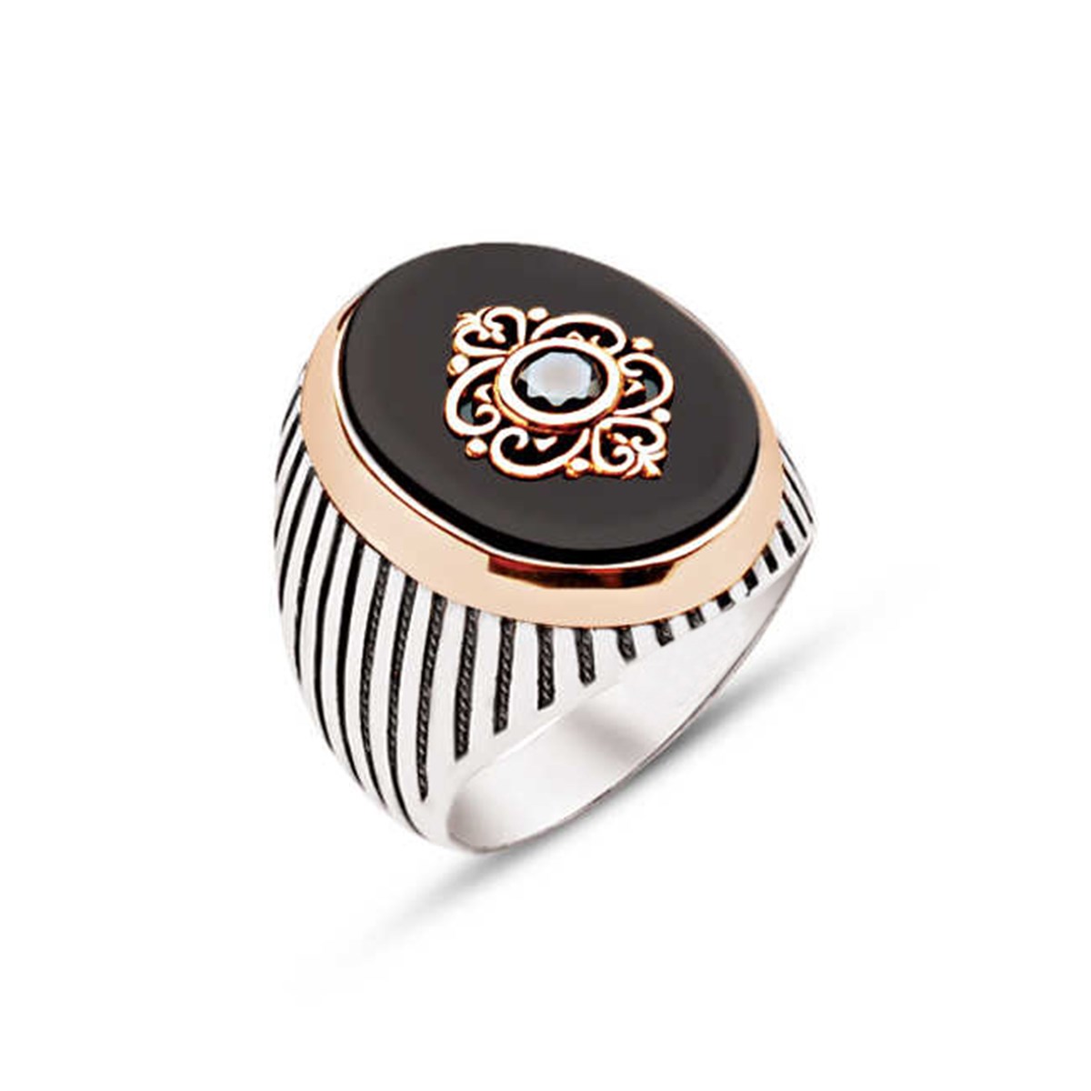 Sterling Silver Black Onix Stone With Zircon Embellished Striped Case Men's Ring