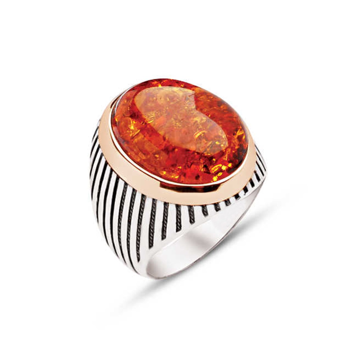 Silver Synthetic Amber Stone Striped Case Men's Ring