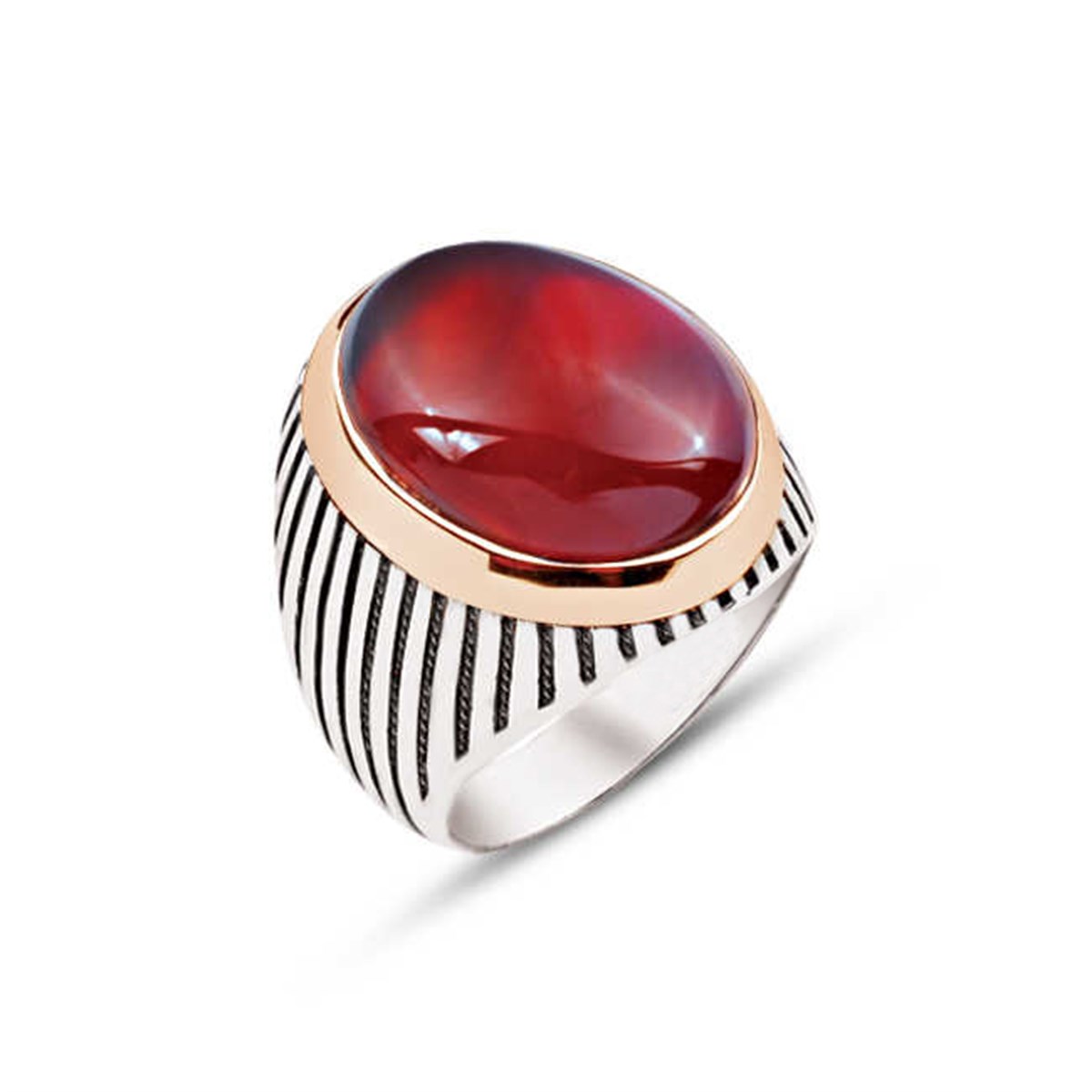 Sterling Silver Agate Hood Stone Striped Case Men's Ring